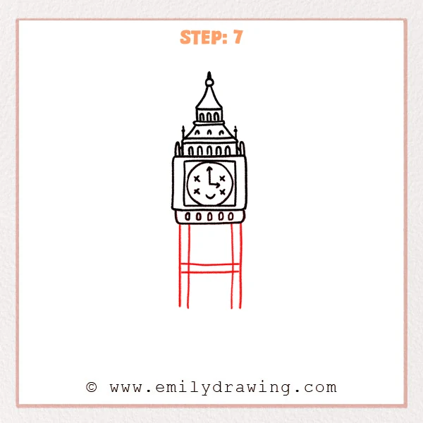 how to draw a big ben - Step 7: Long vertical sides and floor bands extend Big Ben’s tower downward.